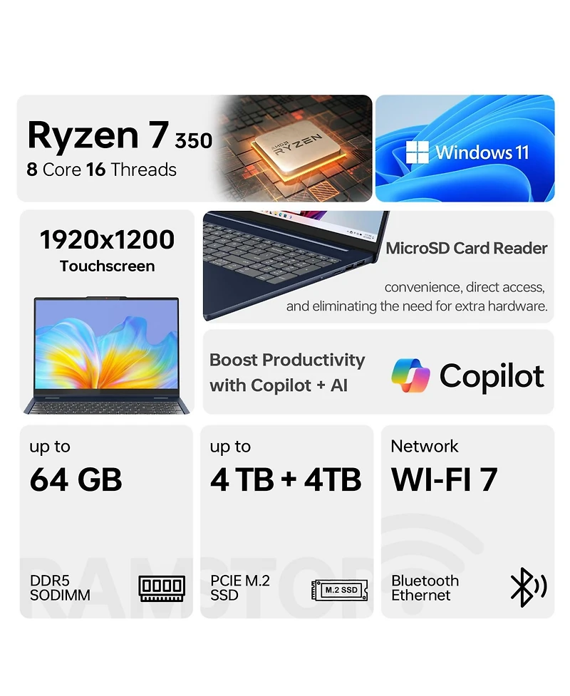 Lenovo IdeaPad Slim 5 16" Premium Traditional Laptop Amd Ryzen Ai 7 350 16GB Ram Amd Radeon Graphics 512GB Ssd Storage Windows 11 Home Fhd+ 60Hz
