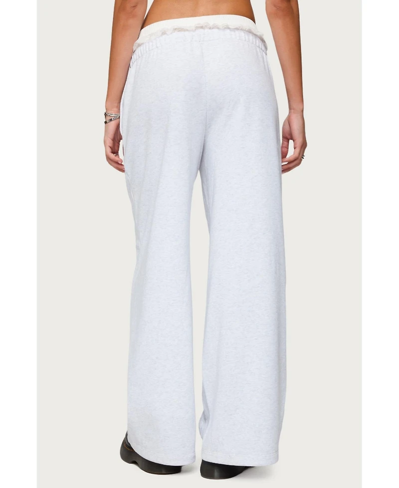 Edikted Womens Tamia Peekaboo Ruffle Lace Sweatpants