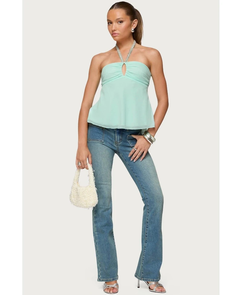 Edikted Women's Sequin Chiffon Keyhole Halter Top