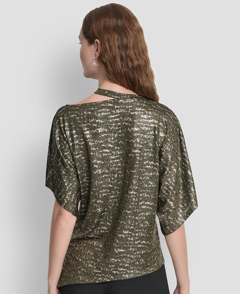 Dkny Women's Short Sleeves Cut Foil Printed Top