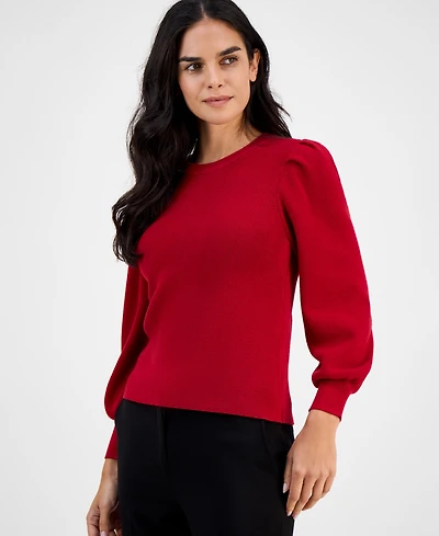 Ak Anne Klein Petite Crewneck Long-Puff-Sleeve Sweater