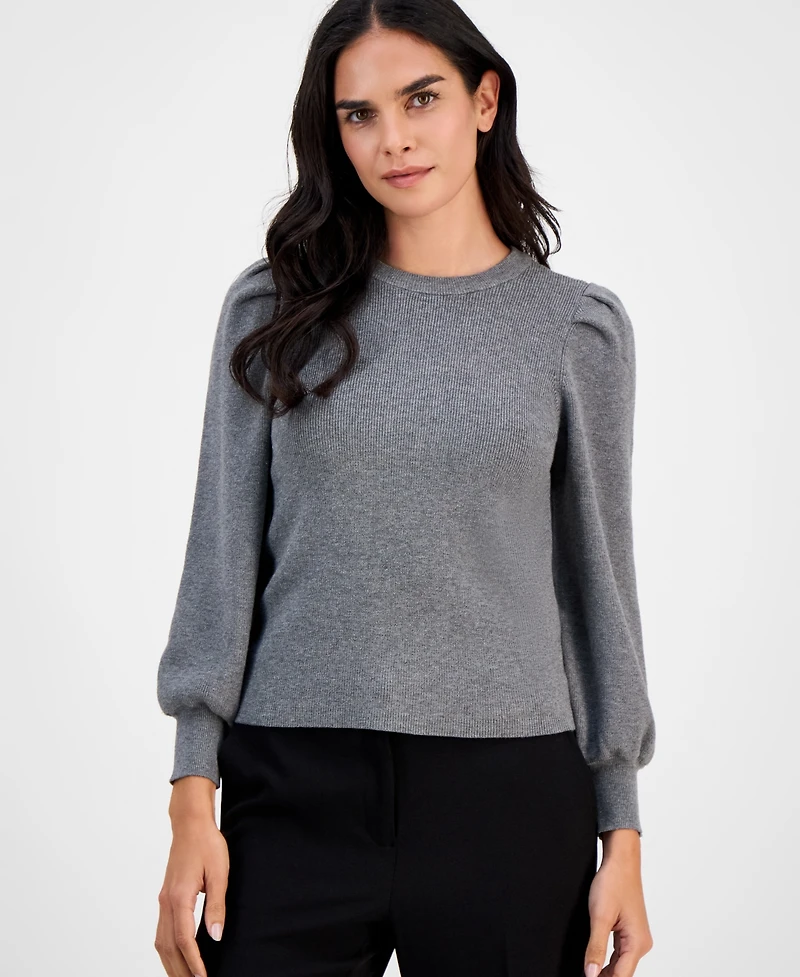 Ak Anne Klein Petite Crewneck Long-Puff-Sleeve Sweater
