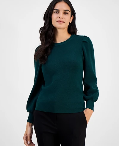 Ak Anne Klein Petite Crewneck Long-Puff-Sleeve Sweater