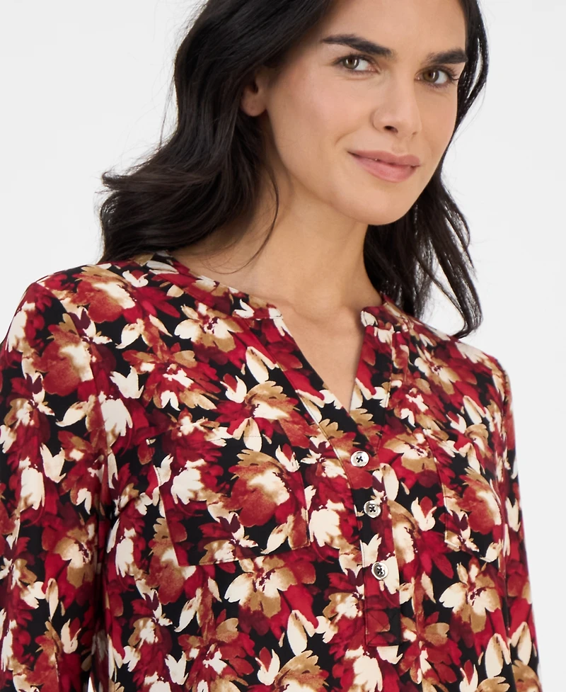Ak Anne Klein Petite Floral-Print Long-Sleeve Top