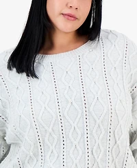 Madden Girl Trendy Plus Pearl Cable-Knit Scoop-Neck Sweater