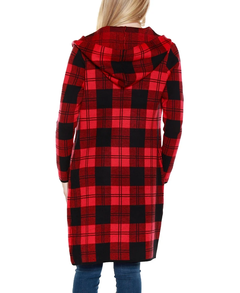 Belldini Women's Hooded Checkered Plaid Coatigan Sweater