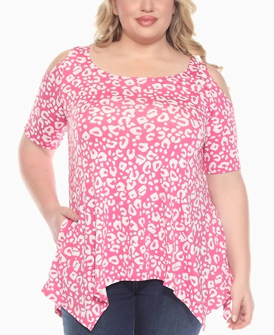 White Mark Plus Cold Shoulder Leopard Print Short Sleeve Knit Top