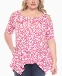 White Mark Plus Cold Shoulder Leopard Print Short Sleeve Knit Top
