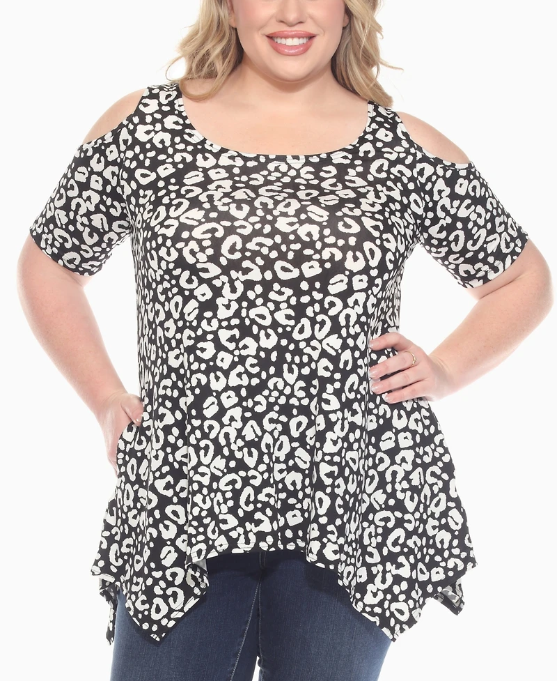 White Mark Plus Cold Shoulder Leopard Print Short Sleeve Knit Top