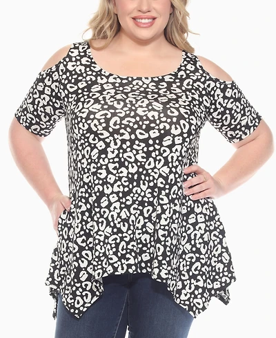 White Mark Plus Cold Shoulder Leopard Print Short Sleeve Knit Top