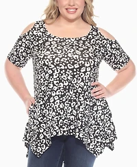 White Mark Plus Cold Shoulder Leopard Print Short Sleeve Knit Top