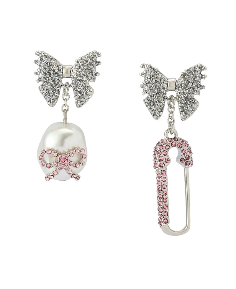 Betsey Johnson Faux Stone Bow Pearl Safety Pin Mismatch Earrings
