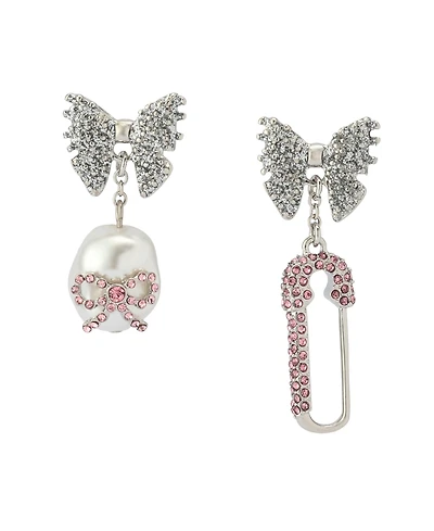 Betsey Johnson Faux Stone Bow Pearl Safety Pin Mismatch Earrings