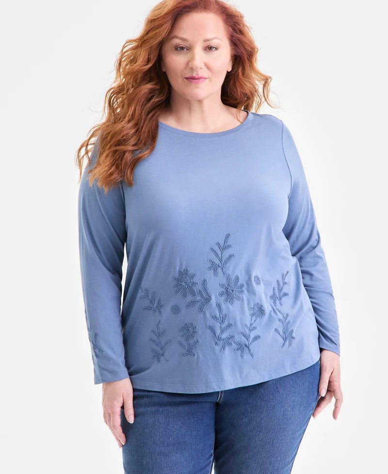 Style & Co Plus Embroidered Boat-Neck Top, Macy's Exclusive
