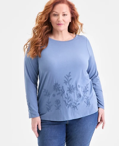 Style & Co Plus Embroidered Boat-Neck Top, Macy's Exclusive