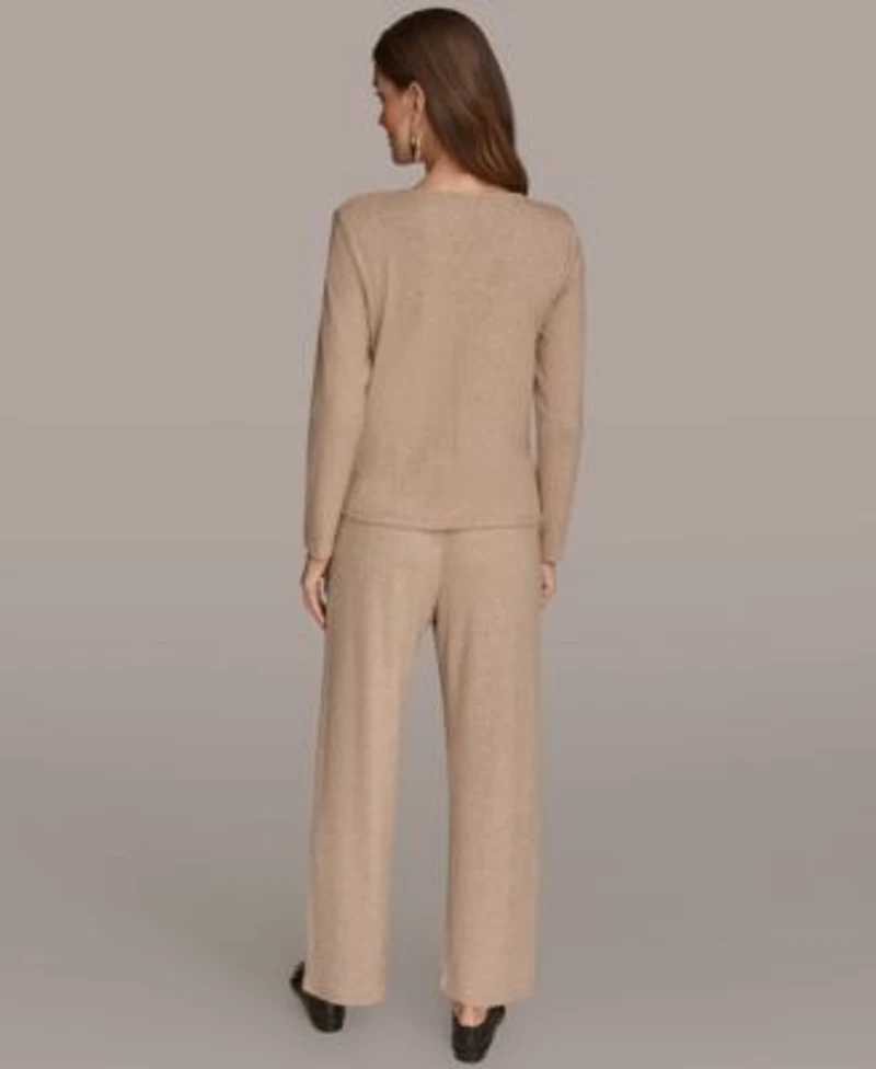 Donna Karan New York Womens Lurex Rib Cowl Neck Long Sleeve Top Wide Leg Pull On Pants