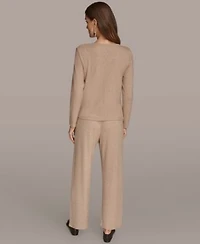 Donna Karan New York Womens Lurex Rib Cowl Neck Long Sleeve Top Wide Leg Pull On Pants