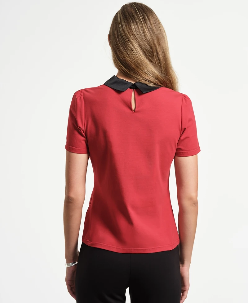 Isaac Mizrahi Women's Satin Bow Neck Peter Pan T-Shirt