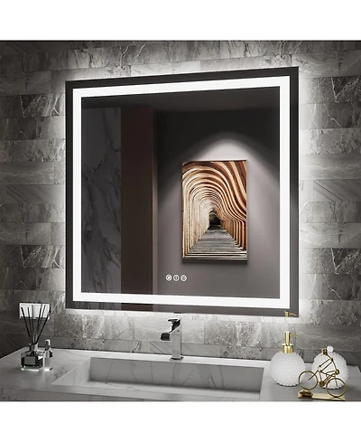 Amorho Led Bathroom Mirror, 32" x 32" with Front Light and Backlit, Stepless Dimmable Wall Mount Mirrors, Anti-Fog, Shatter-Proof, Memory, 3