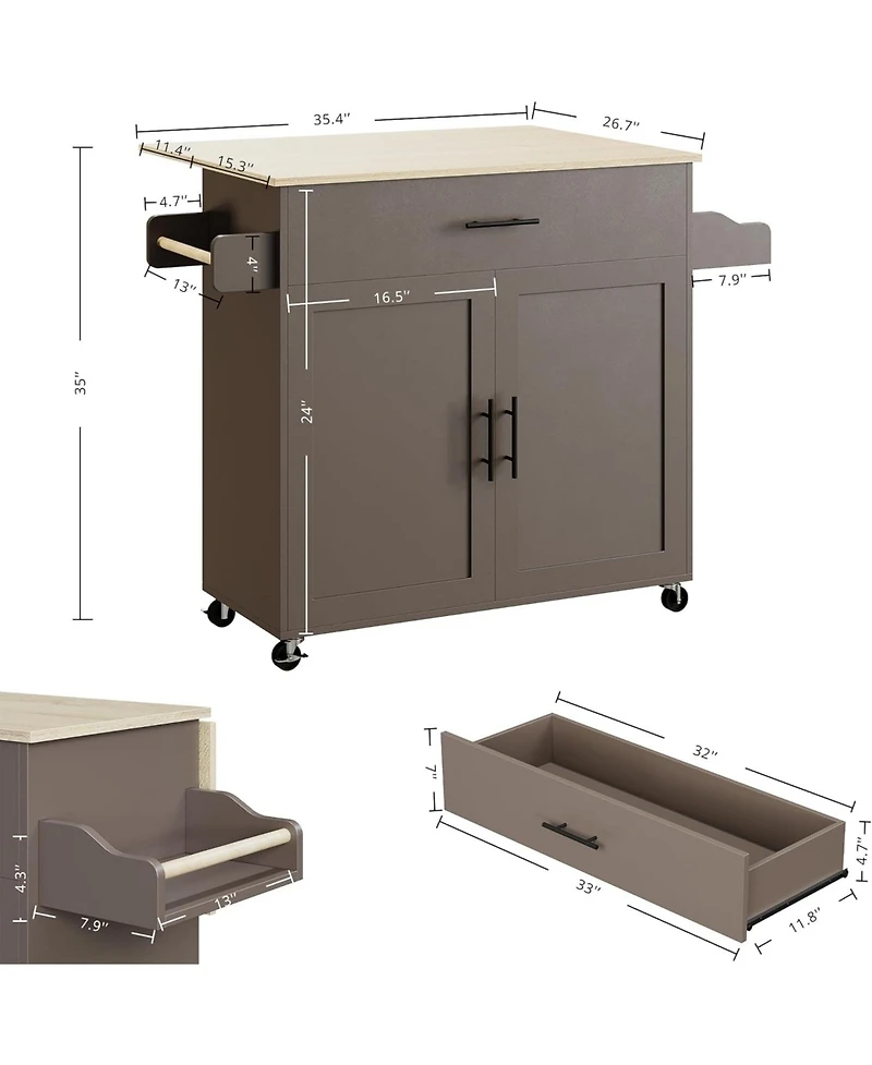 Ironck Rolling Kitchen Island Table on Wheels with Solid Wood Top, Dark Gray