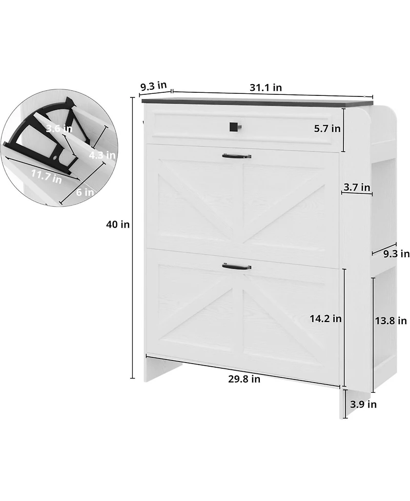 Ironck Shoe Storage Cabinet with 2 Flip Drawers & Barn Door, White/Black