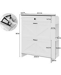 Ironck Shoe Storage Cabinet with 2 Flip Drawers & Barn Door, White/Black