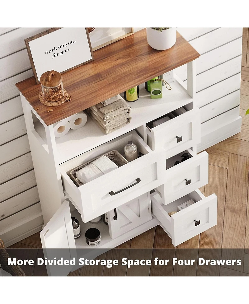 Farmhouse Storage Cabinet with 4 Drawers & Shelves, White/Walnut