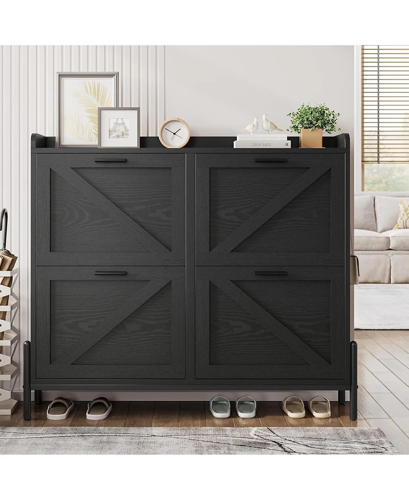 Ironck Shoe Storage Cabinet with 4 Flip Drawers, Metal Legs, Black