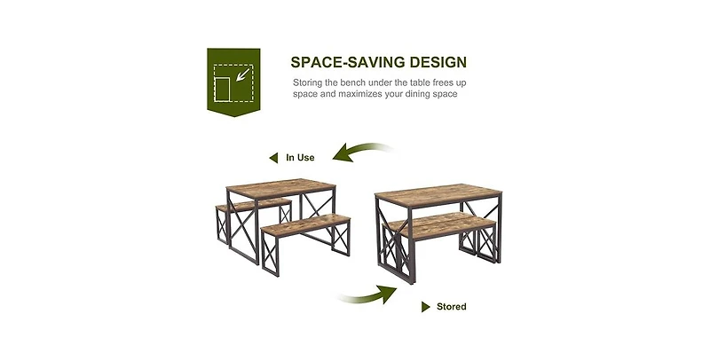 Slickblue Wood-Top Kitchen Dining Table with 2 Backless Benches, Industrial Style