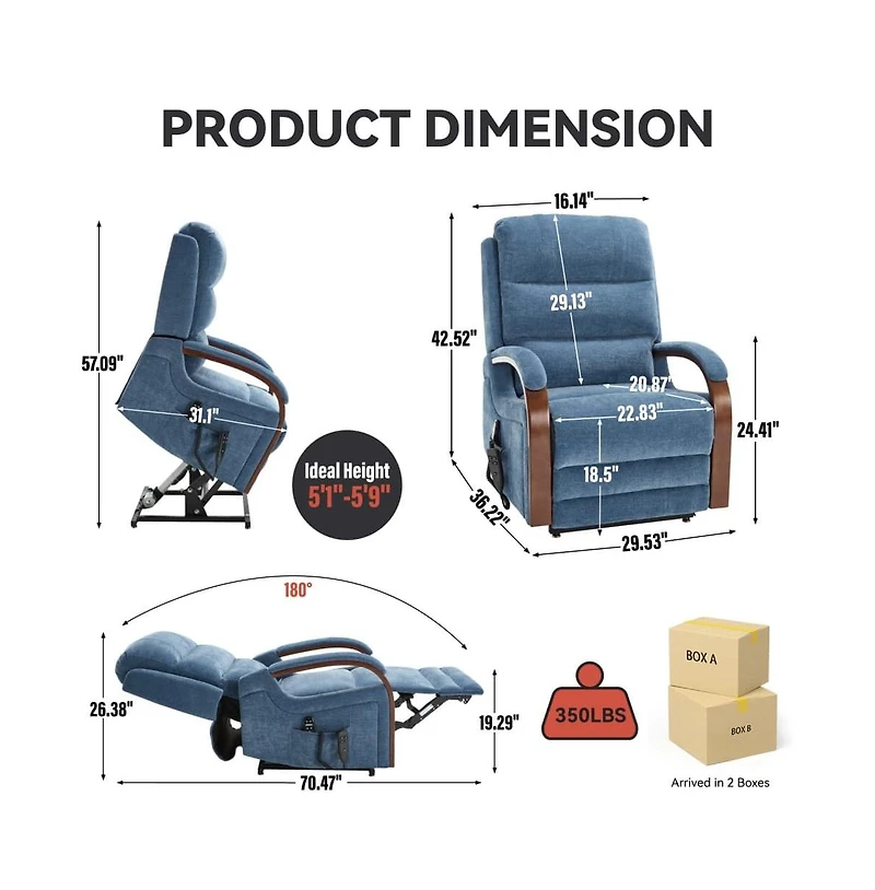 Maison Boucle Dual Motor Power Lift Recliner with Massage & Heat, Infinite Position Electric Chair Solid Wood Arms-Maison