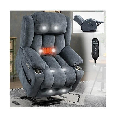 Maison Boucle Power Lift Recliner with Heat & Massage, Electric Chenille Chair Usb Port, Cup Holders Heavy-Duty 350 Lbs Support-Maison