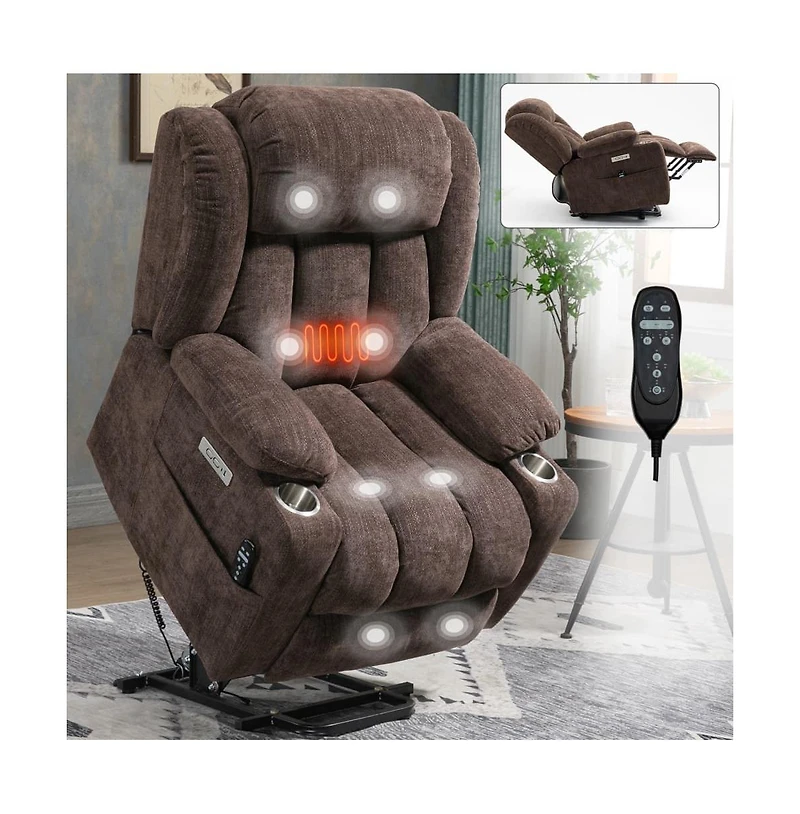 Maison Boucle Power Lift Recliner with Heat & Massage, Electric Chenille Chair Usb Port, Cup Holders Heavy-Duty 350 Lbs Support-Maison