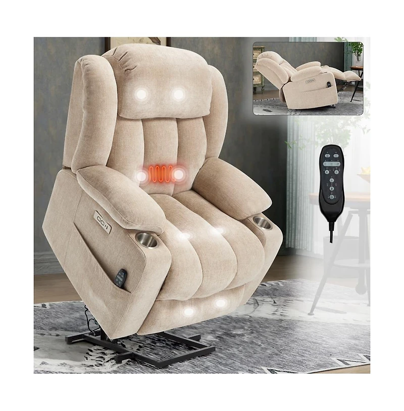 Maison Boucle Power Lift Recliner with Heat & Massage, Electric Chenille Chair Usb Port, Cup Holders Heavy-Duty 350 Lbs Support-Maison