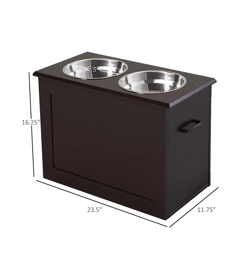 Aostirmotor Dark Brown Raised Pet Feeding Storage Station with 2 Stainless Steel Bowls for Large Dogs