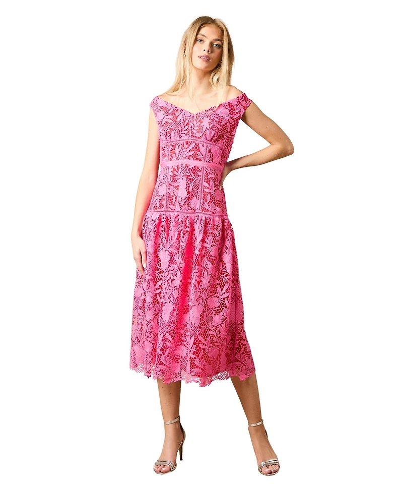 Oasis Women's Floral Lace Off The Shoulder Midi Dress