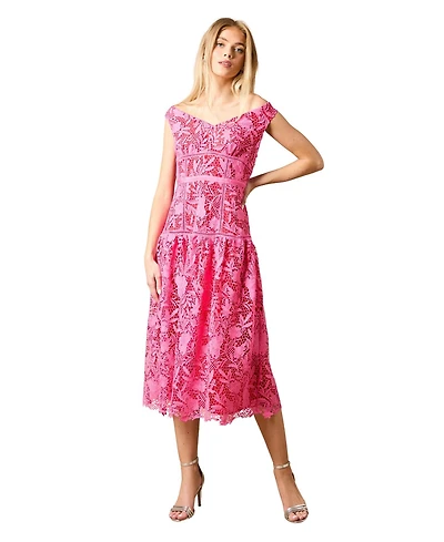 Oasis Women's Floral Lace Off The Shoulder Midi Dress
