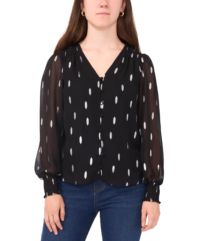 Sam & Jess Petite V-Neck Smocked-Trim Long-Sleeve Top