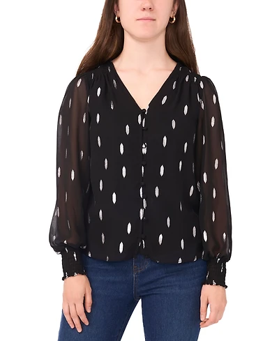 Sam & Jess Petite V-Neck Smocked-Trim Long-Sleeve Top