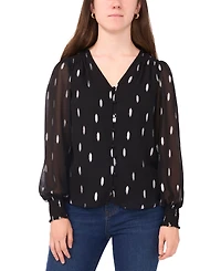 Sam & Jess Petite V-Neck Smocked-Trim Long-Sleeve Top