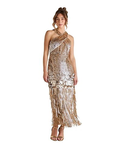 Coast Women's Gold Sequin Tassel Halter Neck Dress