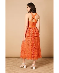 Oasis Women's Cross Strap Tiered Lace Midi Dress