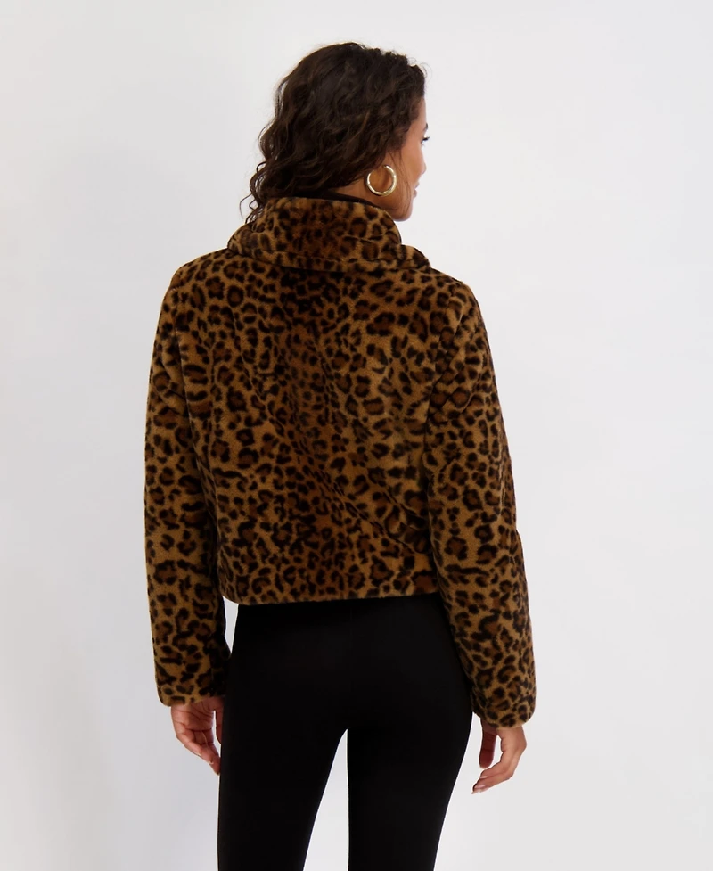 Kensie Women's Short Faux Leopard Patch Pocket Jacket