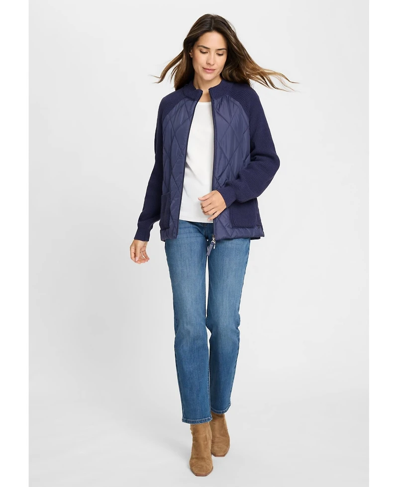 Olsen Women's Quilted Mixed Media Zip Front Cardigan