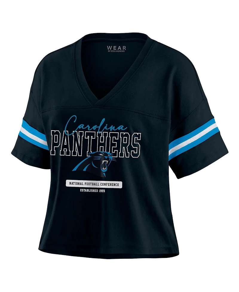 Wear by Erin Andrews Women's Black Carolina Panthers Color Block Boxy Modest Crop V-Neck T-Shirt