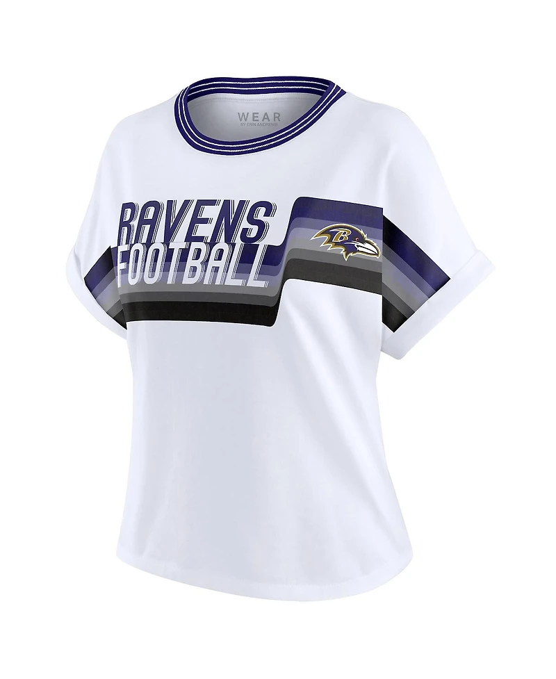 Wear by Erin Andrews Women's White Baltimore Ravens Cropped Center Stripe Dolman T-Shirt