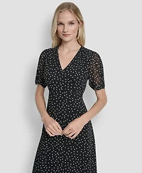 Dkny Women's Polka-dot V-neck Button-trim Midi Dress