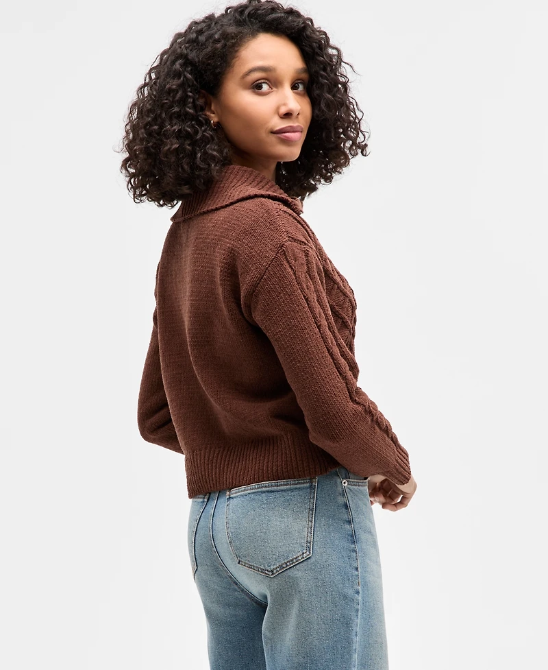 Hippie Rose Juniors' Chenille Cable-Knit Collared Full-Zip Cardigan