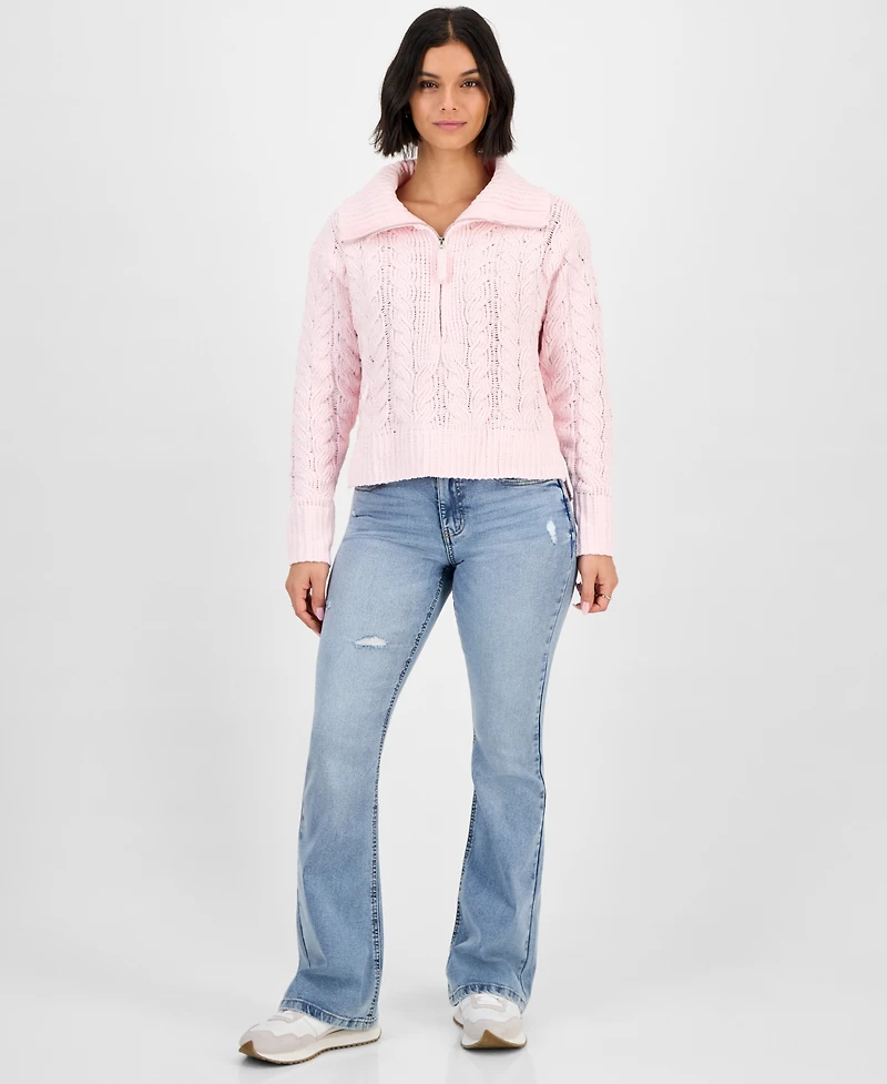 Hippie Rose Juniors' Chenille Cable-Knit Half-Zip Sweater