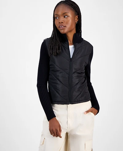 Madden Girl Juniors' Quilted-Front Full-Zip Cardigan
