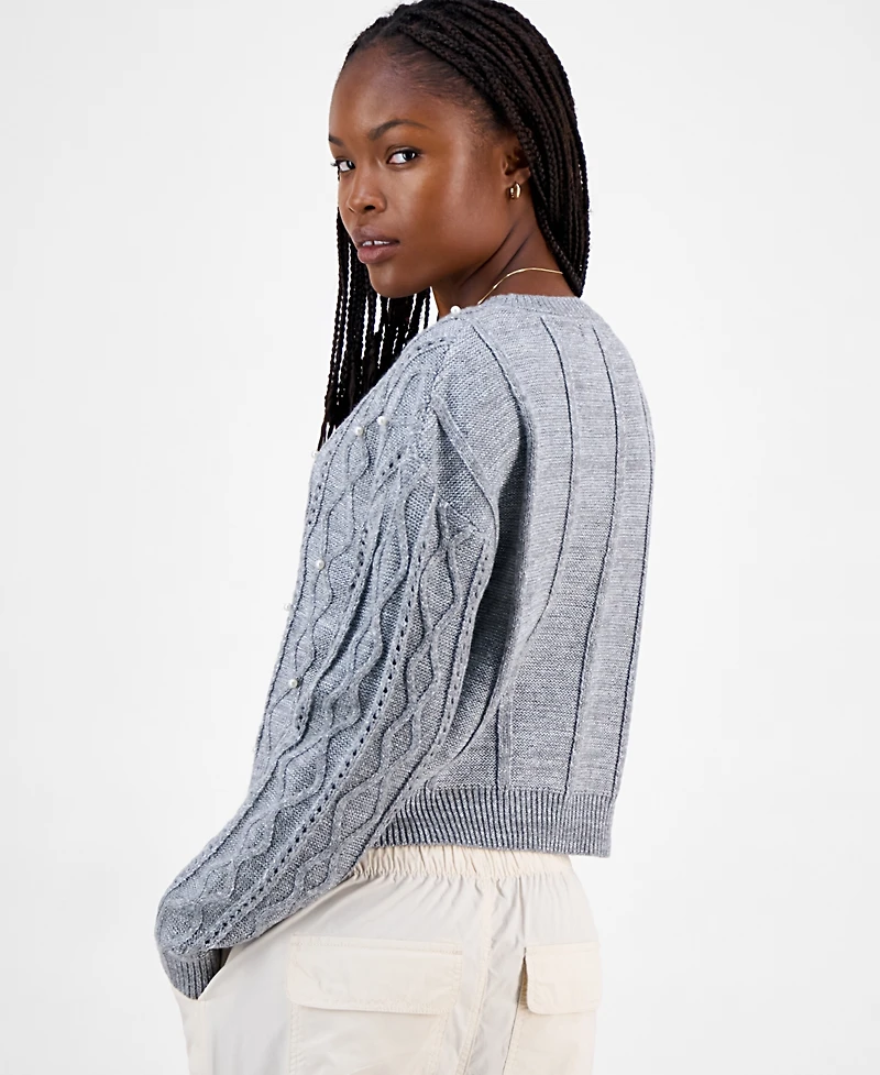 Madden Girl Juniors' Cable-Knit Faux-Pearl Crewneck Sweater